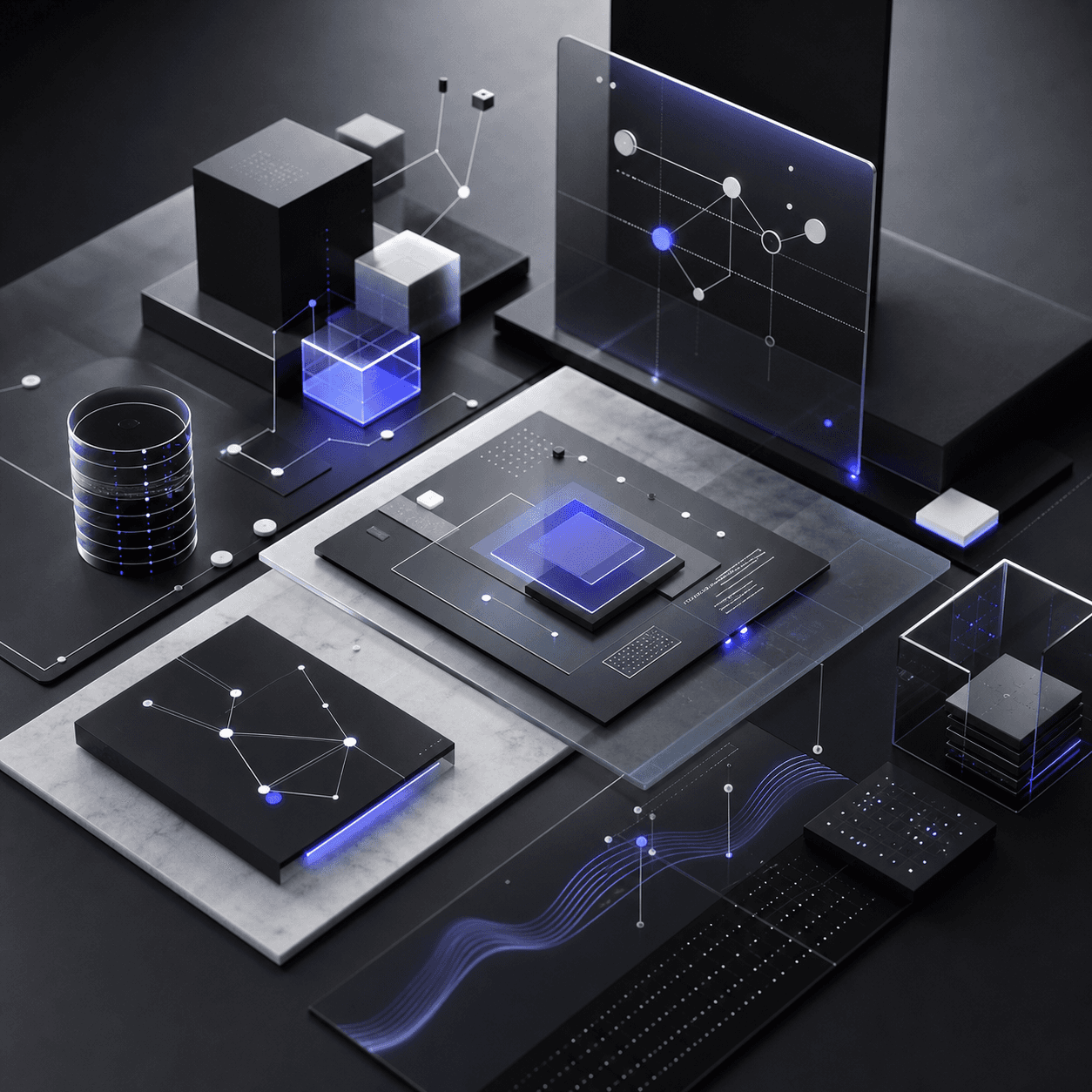 Abstract system workbench with interface panels and blue-violet nodes
